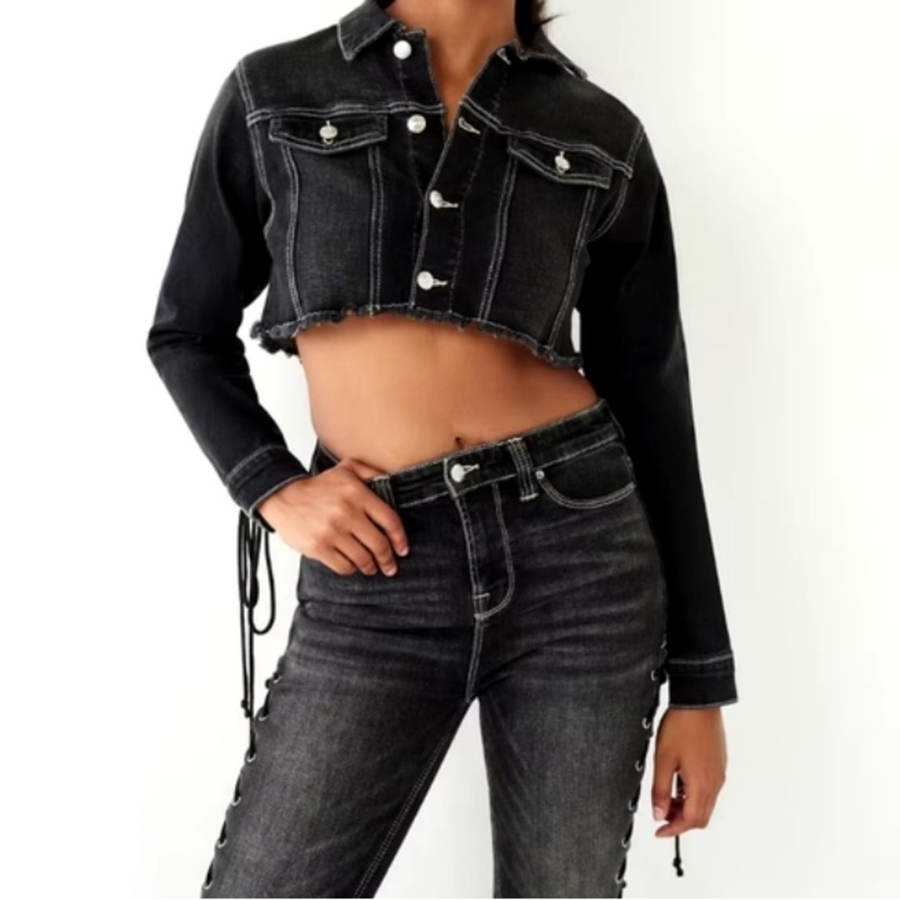 TRUE RELIGION LACE UP JIMMY DENIM JACKET WASHED BLACK SIZE SMALL